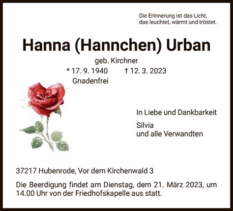 Traueranzeigen Von Hanna Urban Trauer Hna De