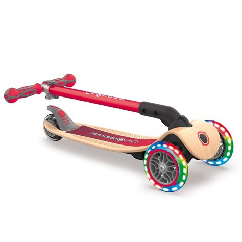 Globber Primo Foldable Lights Wood Red 3 Wheel Scooter