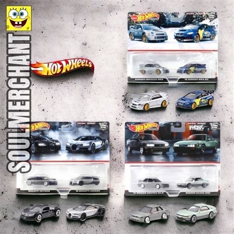 Hot Wheels Premium 2 Pack K Set 3 Pcs Bugatti Veyron Chiron Nissan Sentra Silvia Subaru Impreza
