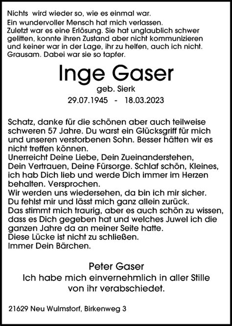 Traueranzeigen Von Inge Gaser HamburgerTRAUER De