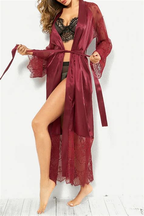 Wholesale Burgundy Sexy Solid Patchwork See Through Cardigan Lingerie K68655 3 Online