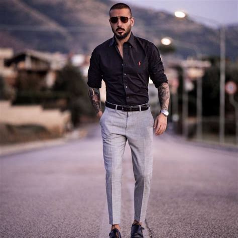black dress shirt  grey pants