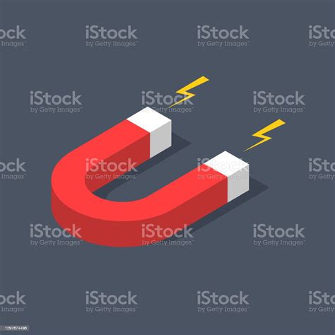 3d Red Horseshoe In Cartoon Style With Magnetic Power Sign On Dark