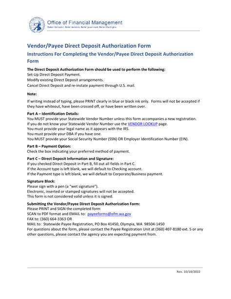 Washington Vendor Payee Direct Deposit Authorization Form Fill Out