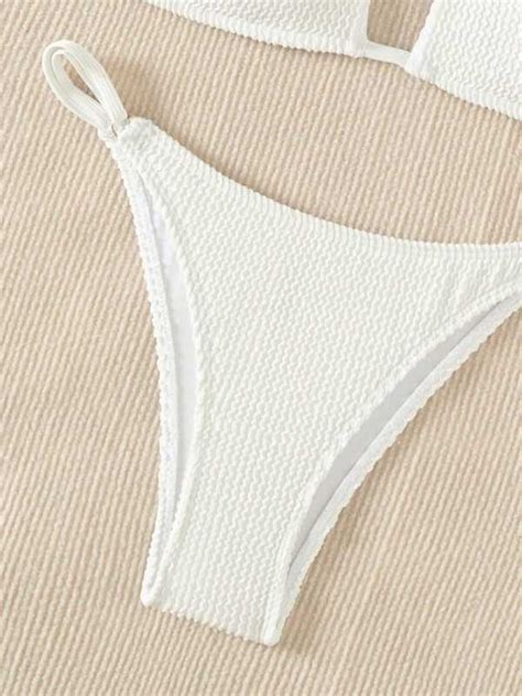 SHEIN Swim Basics Textured Bikini Set Cutout Front Cami Top High Cut Thong Piece Swimsuit