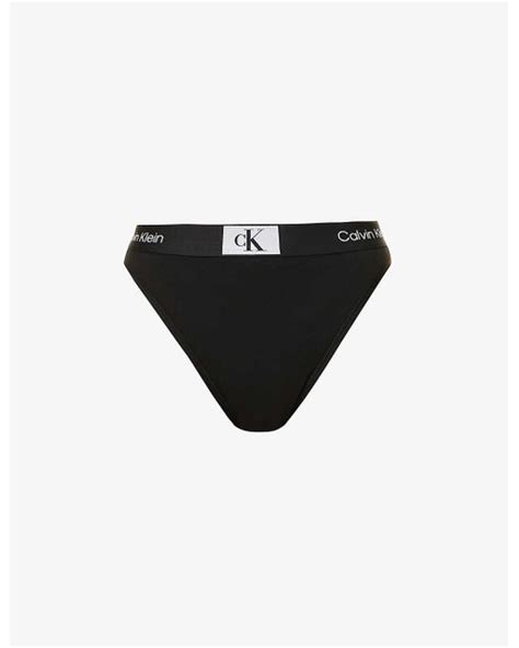 Calvin Klein 1996 Branded Waistband Stretch Cotton Thong In Black Lyst