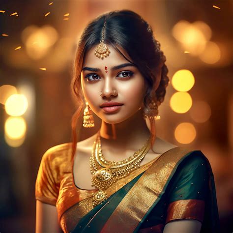 Portrait Of A Young Girl Dress Up Indian Saree And Posing On Brown