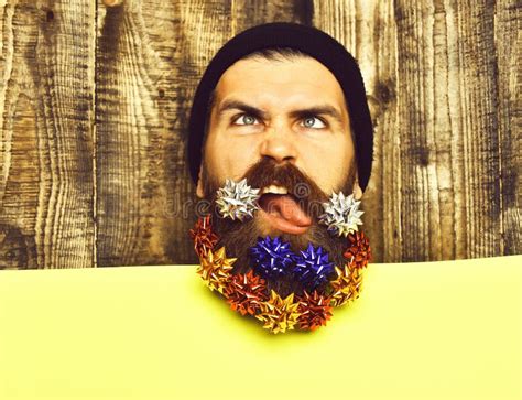 Bearded Man Brutal Caucasian Funny Hipster With T Decoration Stars