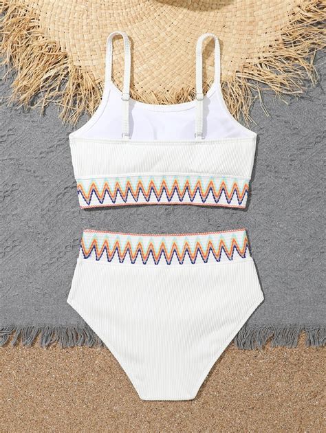 Conjunto de bikini con cinta de chevron para niña preadolescente playa de verano Moda de