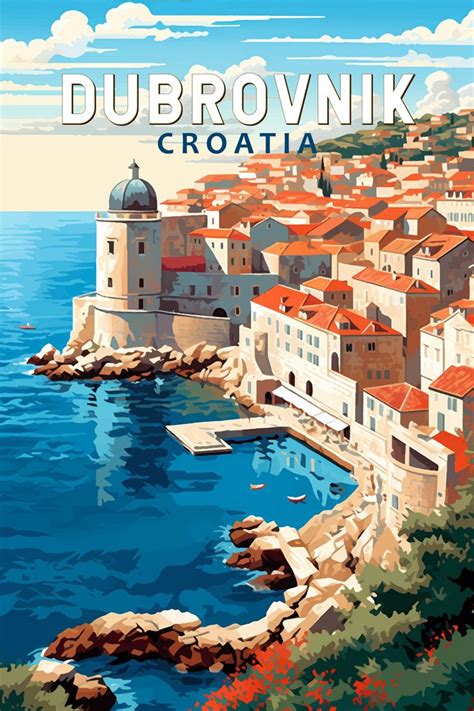 Dubrovnik Croatia Travel Art Vintage Poster Dubrovnik Old Town