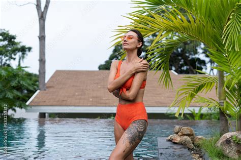 Beautiful European Women In Two Pieces Orange Bikini Swimsuit In Perfect Shape Good Body