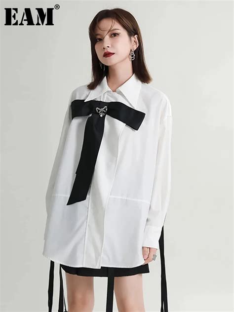 Eam Women White Bow Ribbon Big Size Long Blouse New Lapel Long Sleeve