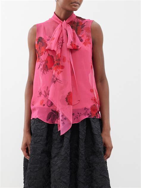 Erdem Pussy Bow Floral Print Silk Chiffon Blouse Pink Editorialist