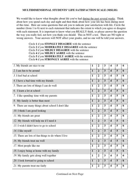 Multidimensional Students' Life Satisfaction Scale (MSLSS) | PDF