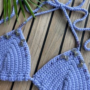 Purple Lavender Beaded Butterfly Crochet String Bikini Top Etsy