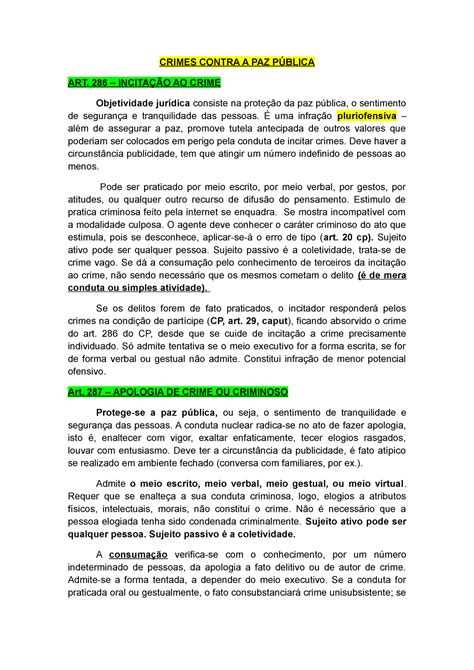 Resumo de Direito Penal Crimes contra a paz pública e contra a fé