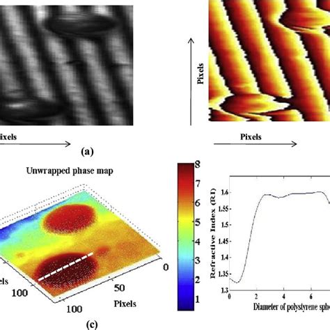 (a) Off-axis interferogram, (b) wrapped phase map, (c) unwrapped phase ...