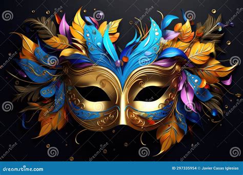 Mystical Elegance Blue And Gold Carnival Mask On Black Stock