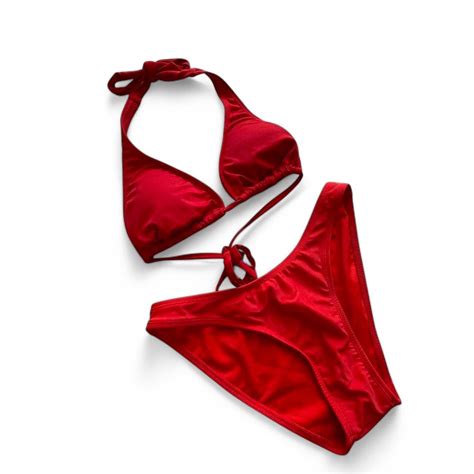 Red Bikini Set With Adjustable Halter Top And Cheeky Depop