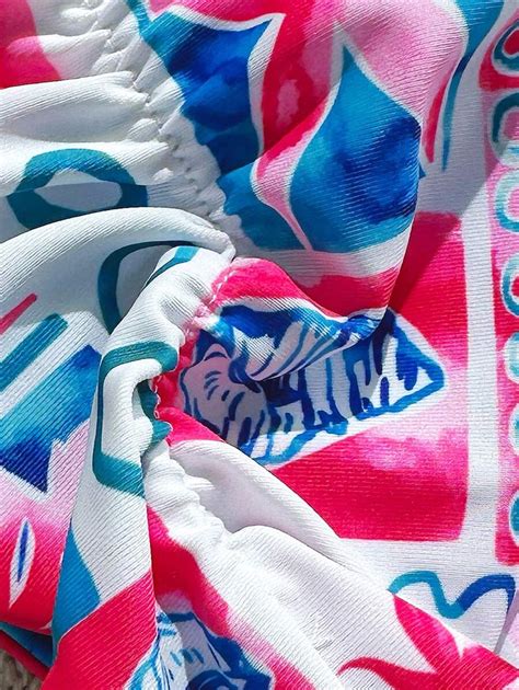 2pcs Set Women Springbreak Printed Spaghetti Strap Top And Thong Bikini Swimsuit Set Cute