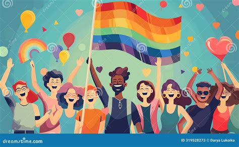 Cartoon Rainbow Rhapsody Homosexual Revelers Celebrating Love And Liberation At Gay Parade