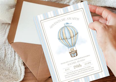 Teddy Bear Hot Air Balloon Baby Shower Invitation Template Editable