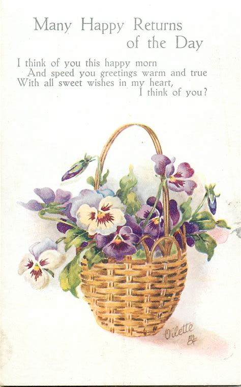 Many Happy Returns Of The Day Verse Basket Of Pansies Carte Postale