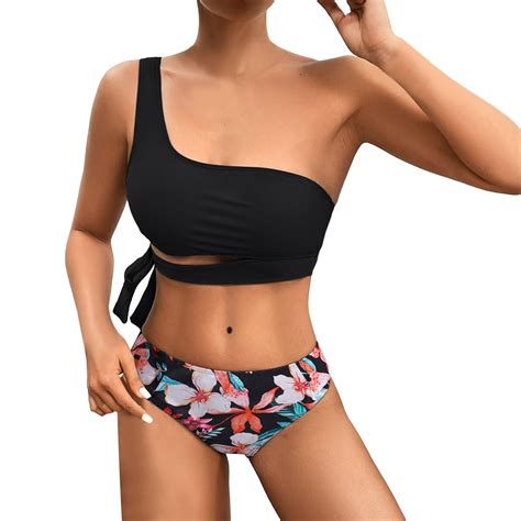 GWAABD Womens Swim Suit Two Piece Bikini Sets Tropical Leaf Print Swimsuit One Shoulder Swimwear