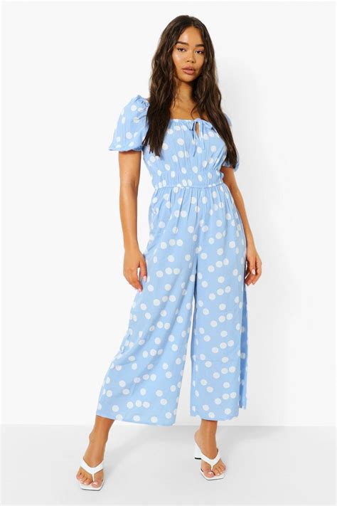 Polka Tie Front Puff Sleeve Culotte Jumpsuit Boohoo