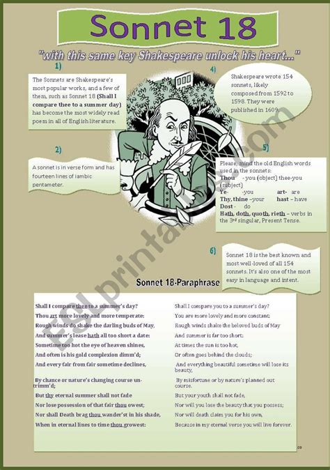 Sonnet 18 By Shakespeare Esl Worksheet By Savvinka