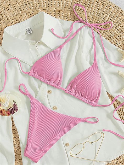 Women Triangle Halter Bikini Set High Cut String Thong Bathing Suit Self Tie Two Piece Swimsuit