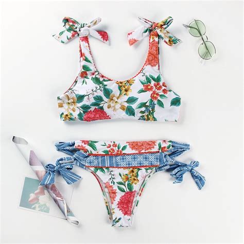 Miyouj Deep V Neck Bikini Floral Print Swimsuit Biquinis Feminino NEW Bow Swimwear Lace Up