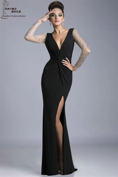 Mermaid Long Sleeve Black Prom Dresses Pm1140 Sexy V Neck Long Party Dresses Elegant Women