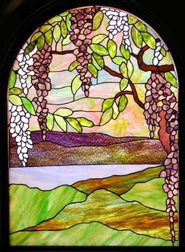 Wisteria Stained Glass Landscape Window Custom Arched Glass Design Wisteria Stained Glass