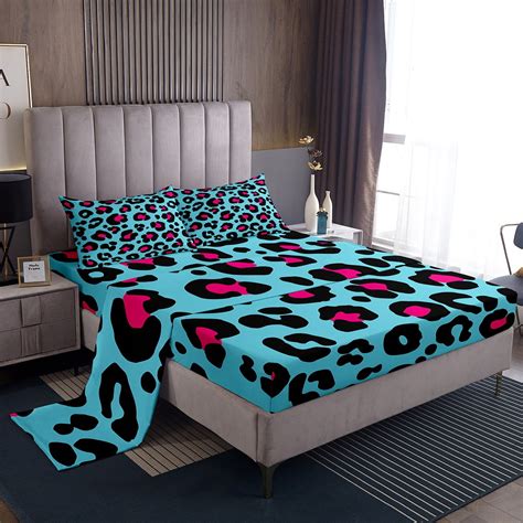 Yst Blue Pink Leopard Print Twin Sheets Cheetah Print Bed Set Wild