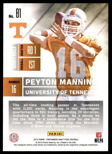 2015 Panini Contenders Draft Picks Peyton Manning Tennessee Volunteers