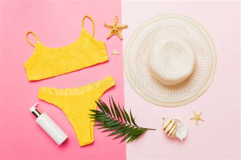 Woman Swimwear And Beach Accessories Flat Lay Top View Top View With Bikini Outfit On Color