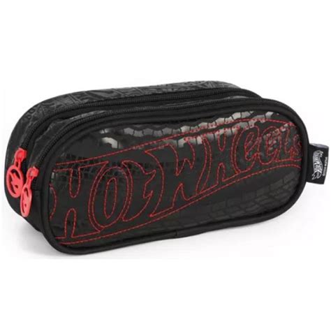 Estojo Duplo Hot Wheels Estampado Escolar Juvenil Luxcel Preto E Vermelho Starhouse Mega Store