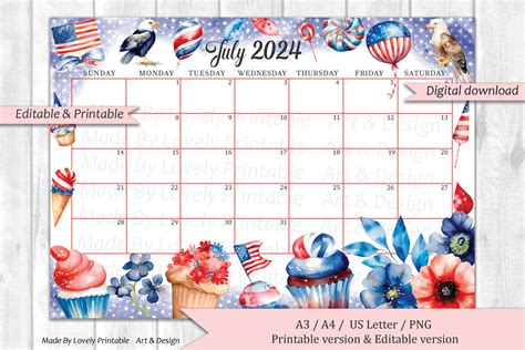 EDITABLE July 2024 Calendar, 4th of July, Independence Day Planner ...