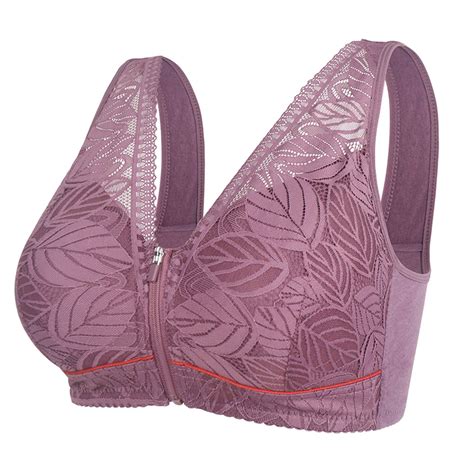 Women Sexy Lace Front Zipper Underwear Without Rims Vest Lace Plus Size Bra Purple 44