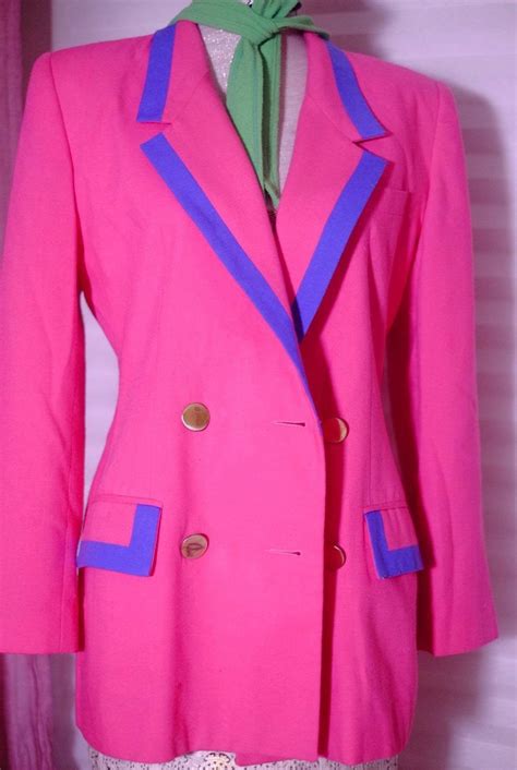 Vintage Oleg Cassini Cream And Navy Or Hot Pink Double Breasted Blazer Classic Upscale 80s