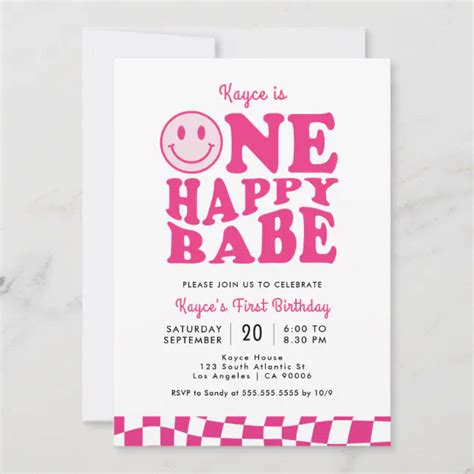 One Happy Babe Pink Smile Face Girl St Birthday Invitation Zazzle
