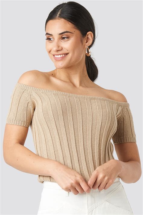 Off Shoulder Ribbed Knitted Top Beige Na