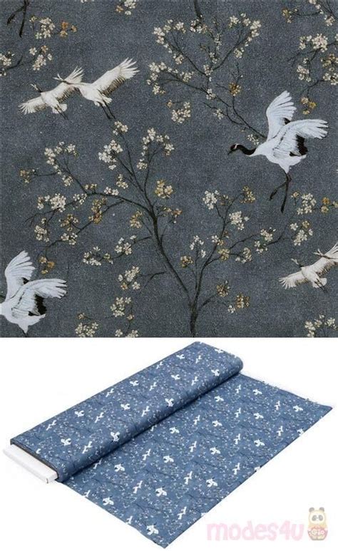 Asia Cranes Cherry Blooms Grey Fabric Extra Wide Stof France Fabric