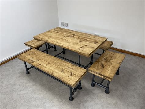 Industrial Scaffold Dining Table And Four Benches Gun Metal Grey