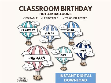 Hot Air Balloons Classroom Birthday Display Kit Calm Classroom Decor Birthday Display Boho