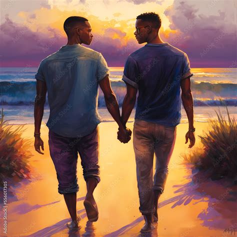 Digital Illustration Of A Gay Male Couple Holding Hands On The Beach