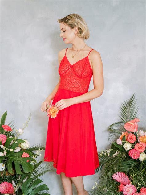 Vintage 60s 70s Red Lace Boudoir Lingerie Slip Dress Gem