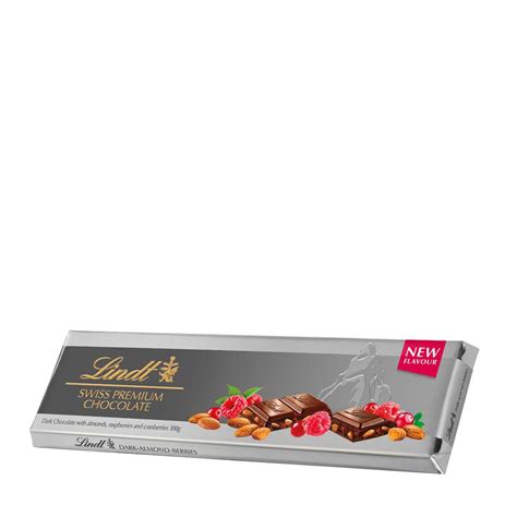 Lindt SILVER TABLET DARK CHOCOLATE WITH ALMONDS, RASPBERRIES AND ...