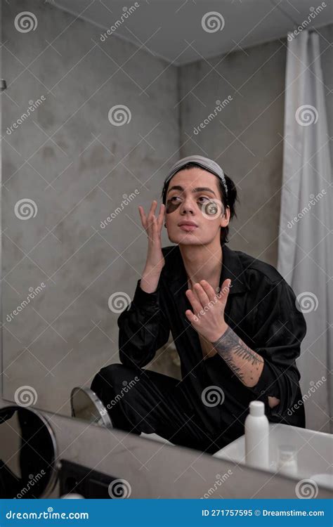 Funny Attractive Brunette Gay Man Applying Moisturizer Eye Patch Stock Image Image Of